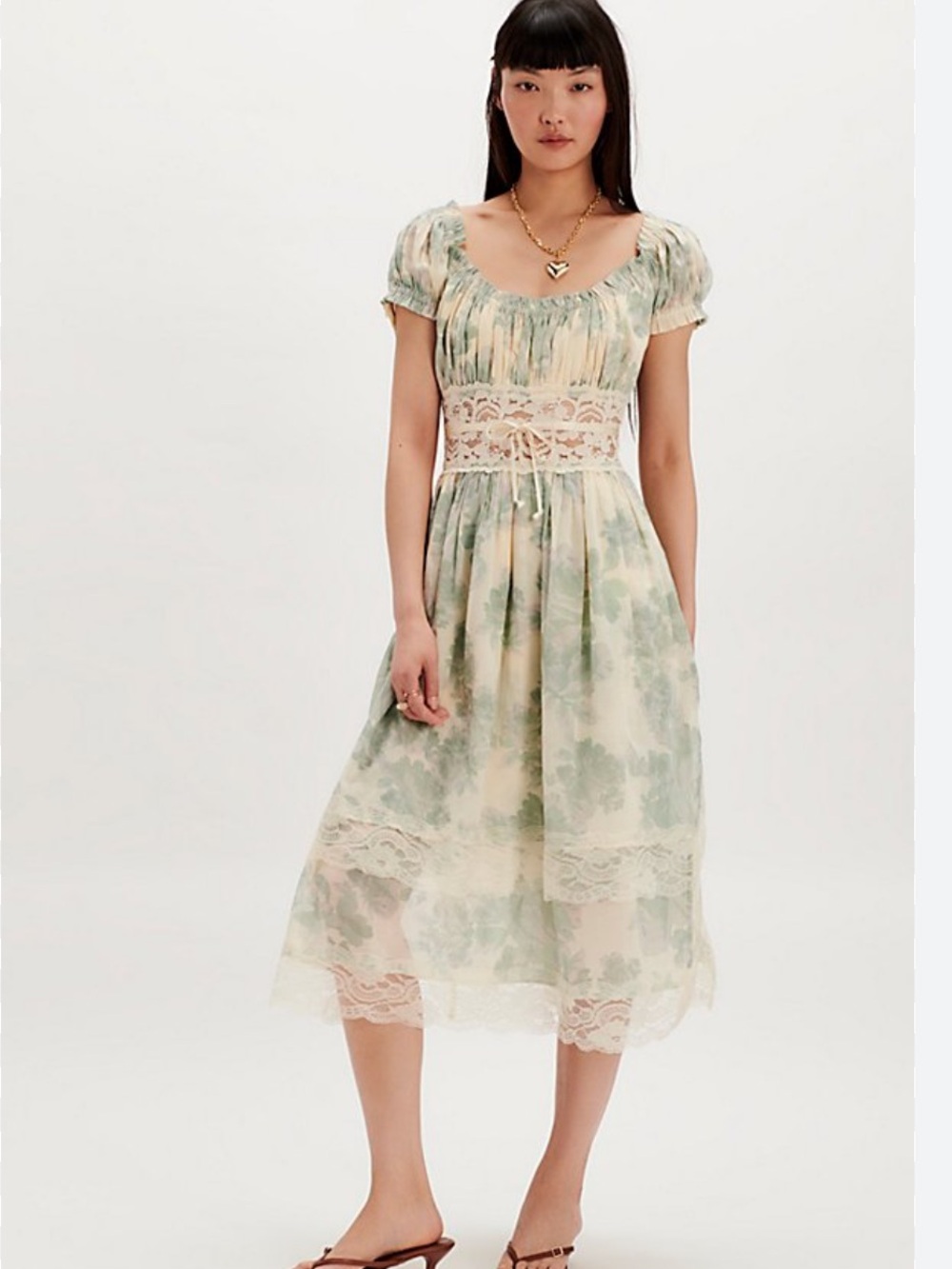 Free People Pastel Green & Cream Floral Midi Dress